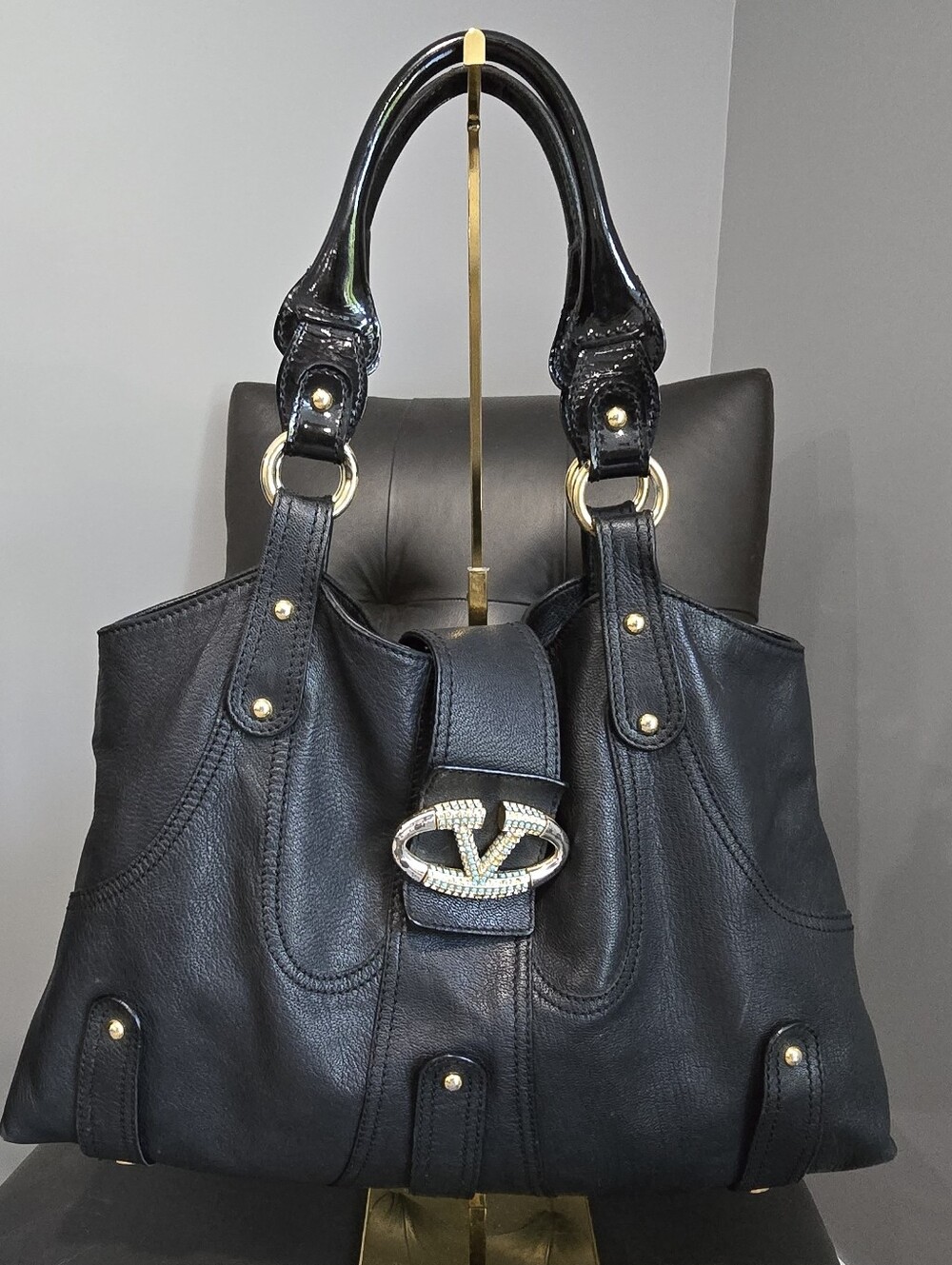 Versace Black Leather Shoulder Bag with Gold-Tone Logo